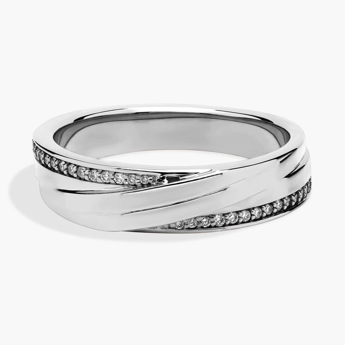Diagonal Lined with Pavé Diamond Edge Men's Wedding Ring